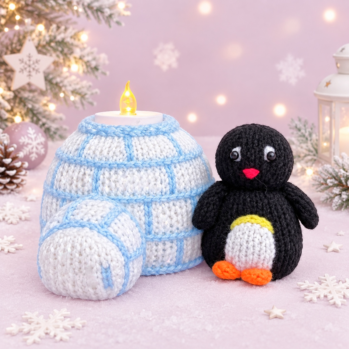 KNITTING PATTERN - Christmas Igloo with Penguin Tea Light Dome Holder 12 cms tall