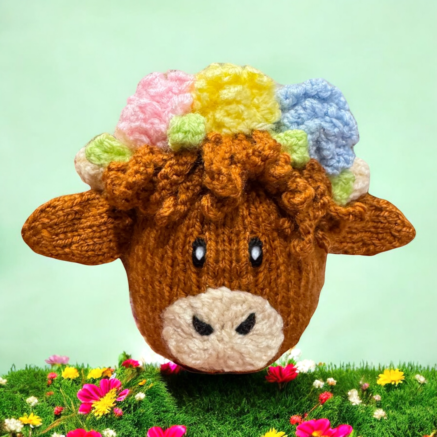 KNITTING PATTERN - Easter Highland Cow Head choc orange cover / 13 cms Farm Animal toy