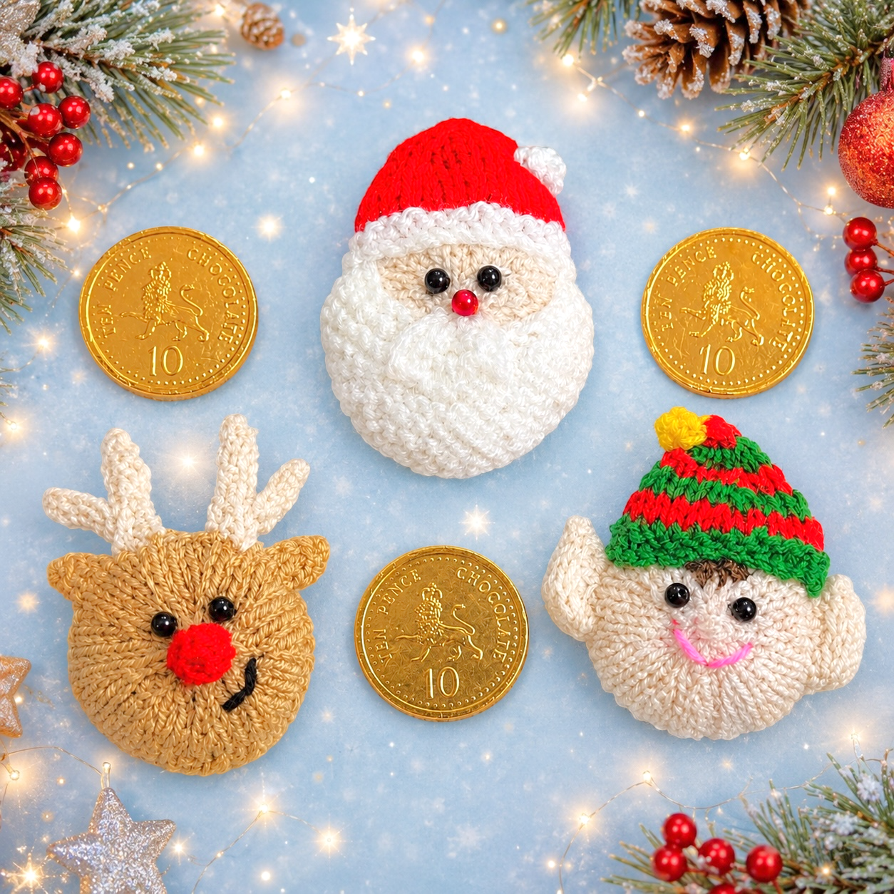 KNITTING PATTERN - Christmas Santa, Elf and Reindeer Chocolate Coin Tree Decorations