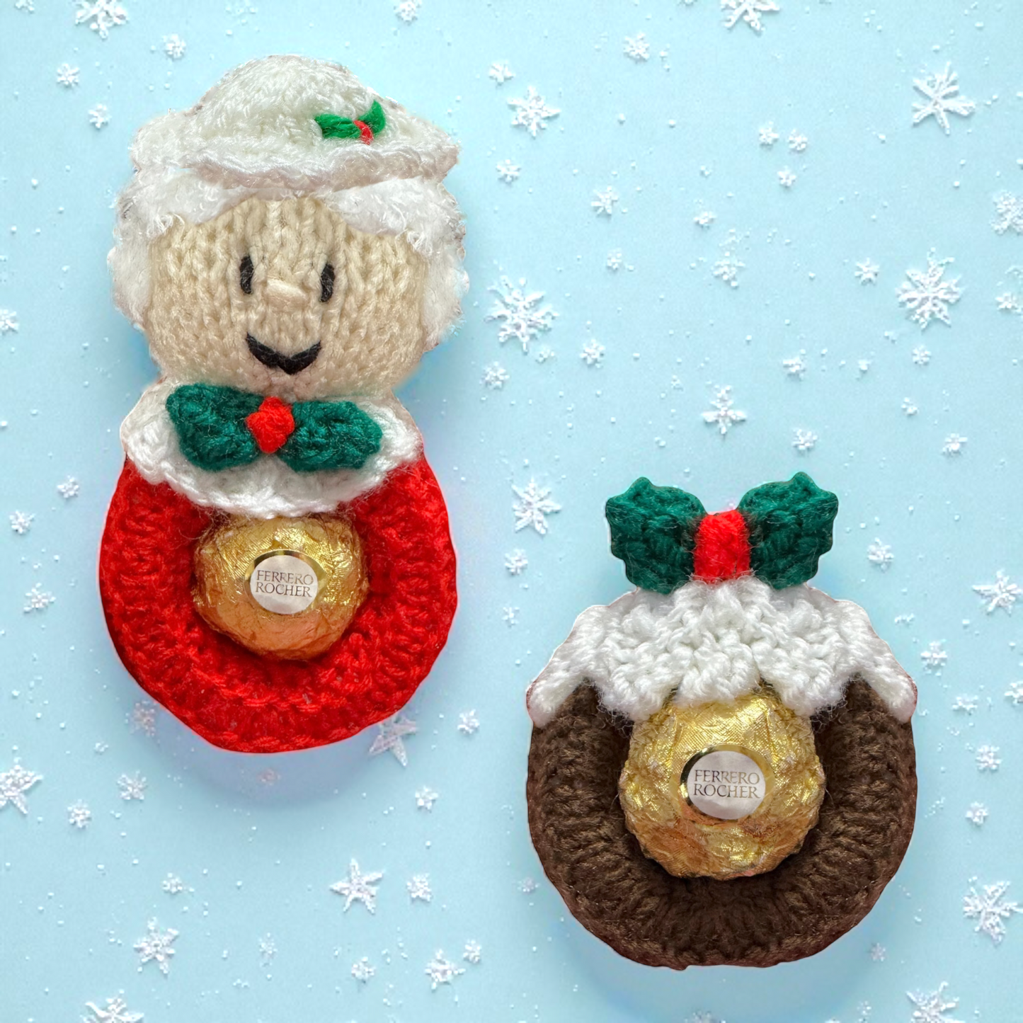 KNITTING PATTERN - Hanging Mother Christmas and Christmas Pudding choc cover fits Fererro / Lindt