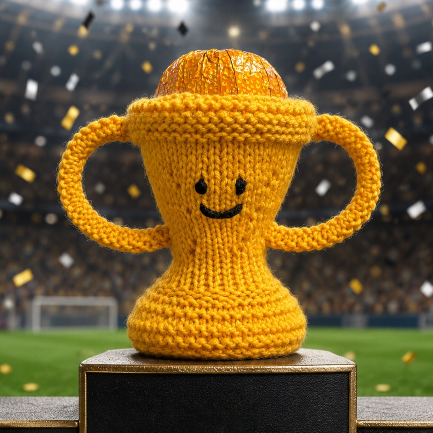 KNITTING PATTERN - Trophy chocolate orange cover or 14 cms Football Award toy