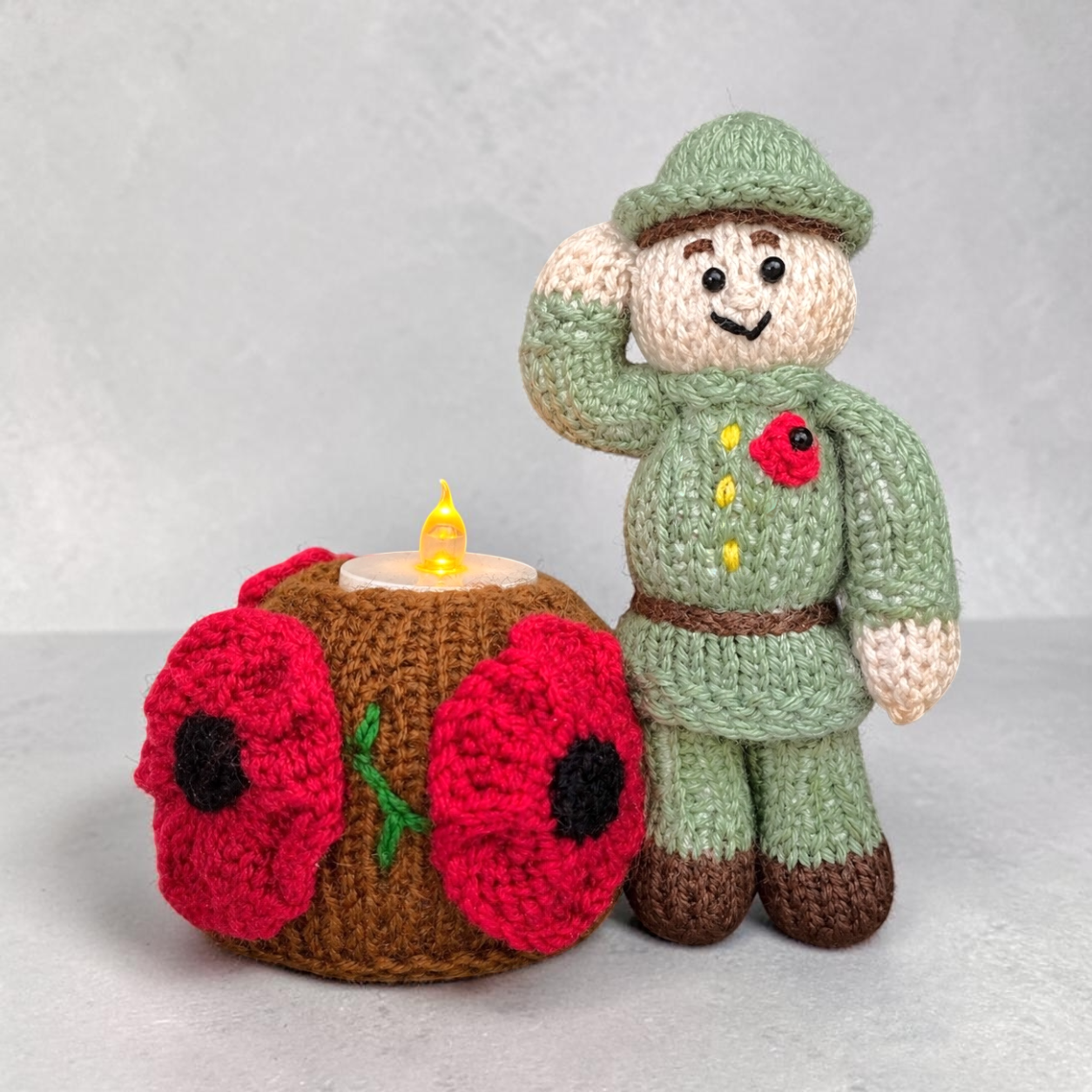 KNITTING PATTERN - Remembrance Soldier Tea Light Dome Holder 12 cms tall with Poppy