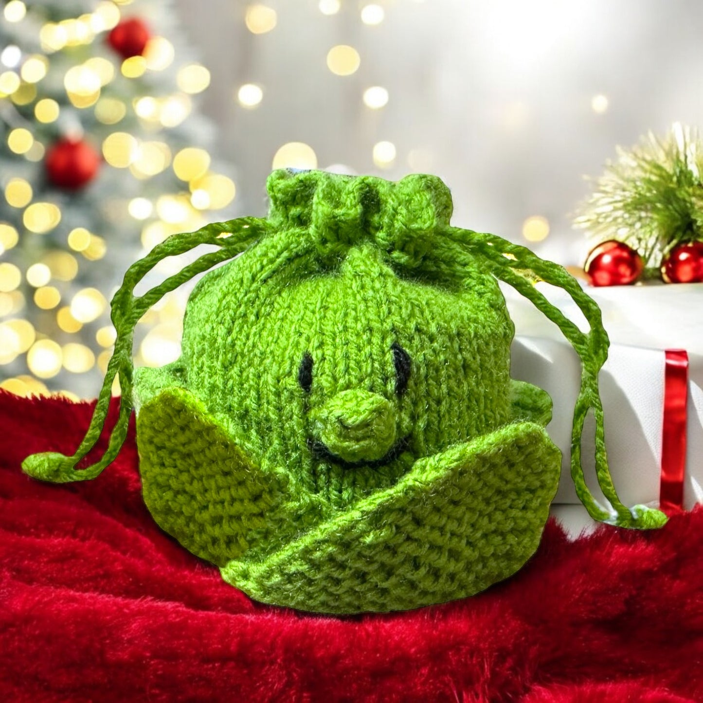 KNITTING PATTERN - Christmas Sprout Drawstring Gift Bag 10cms choc orange