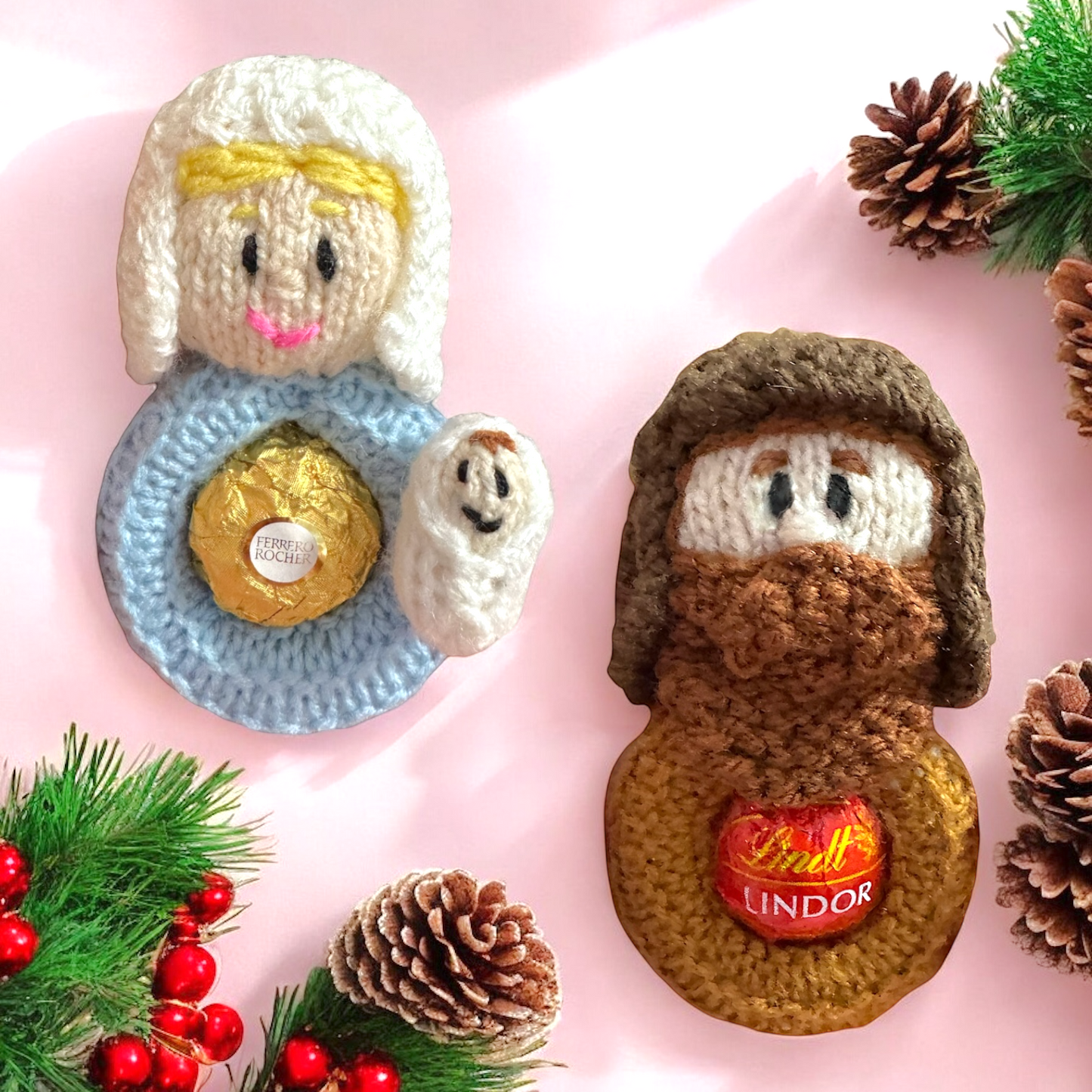 KNITTING PATTERN - Hanging Christmas Nativity Mary and Joseph choc cover fits Fererro / Lindt