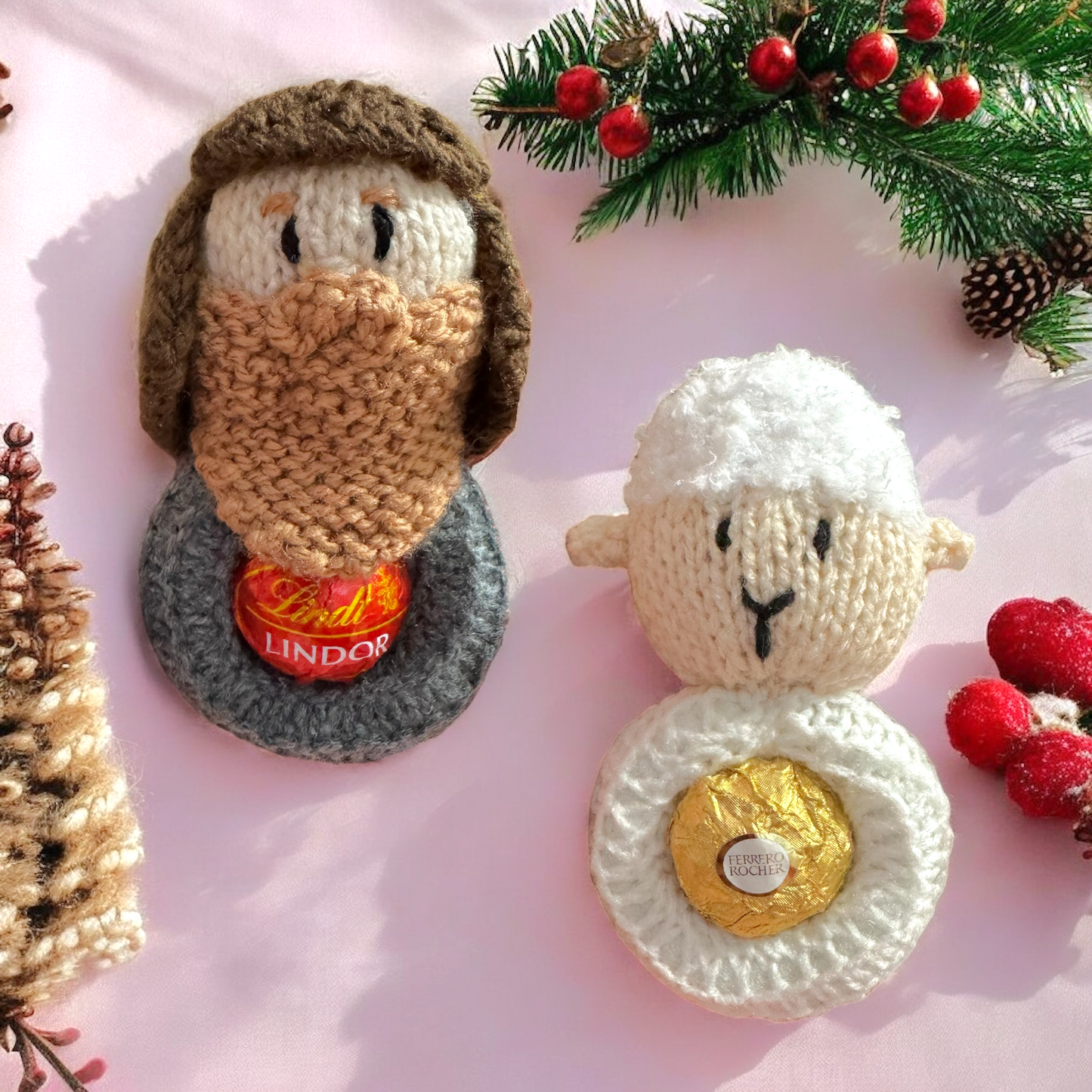 KNITTING PATTERN - Hanging Christmas Nativity Shepherd and Sheep choc cover fits Fererro / Lindt