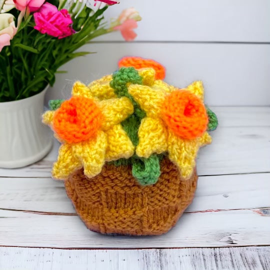 KNITTING PATTERN - Easter Daffodil Pot Choc Orange cover / 9 cms Welsh St David toy