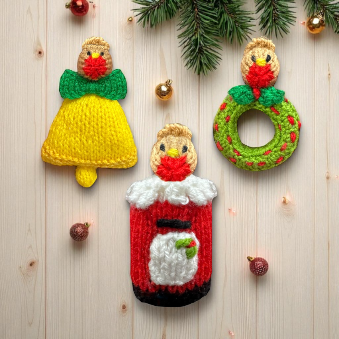 KNITTING PATTERN - Christmas Robin Tree Decorations 9 cms - Pillar box, Wreath and Bell
