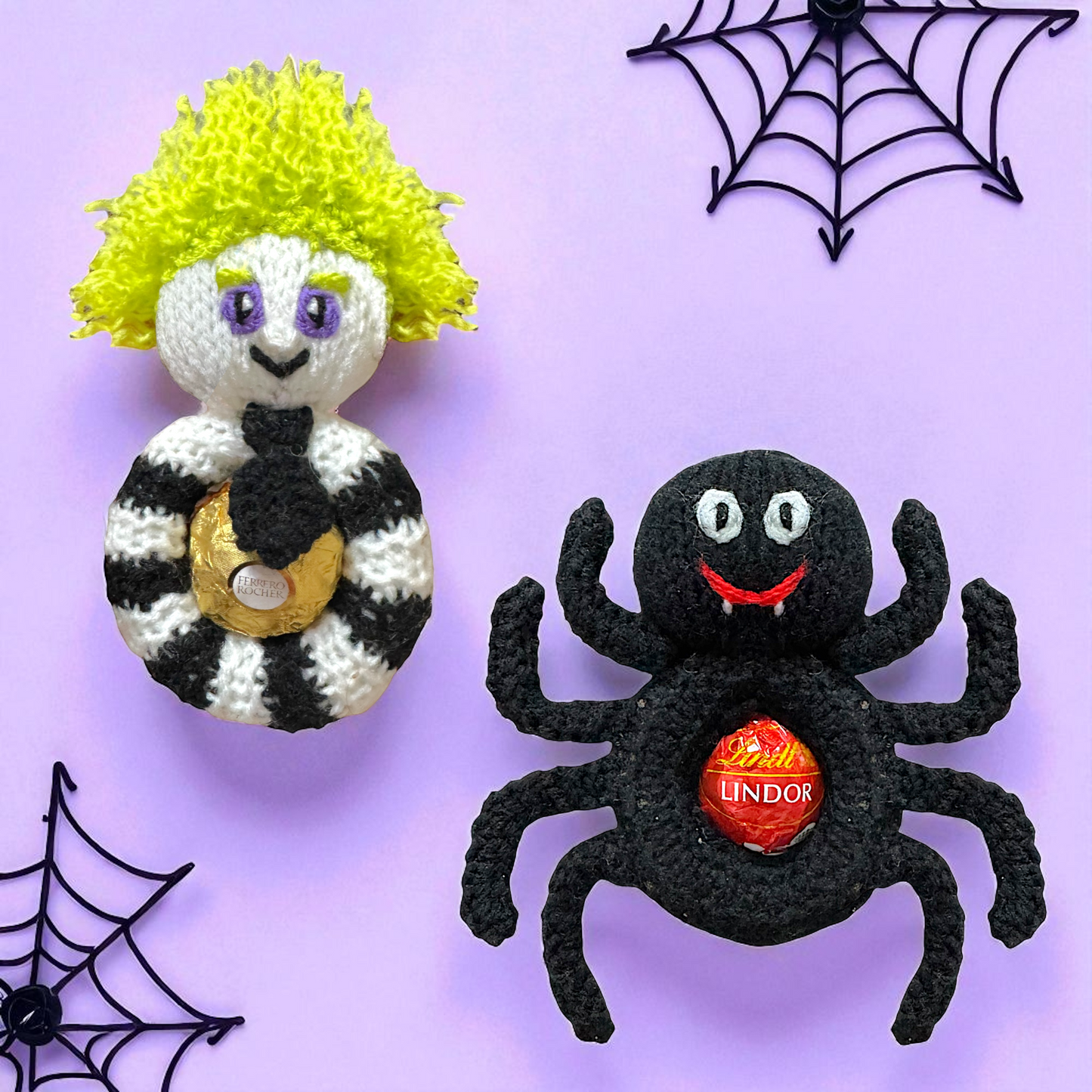KNITTING PATTERN - Hanging Halloween Beetlejuice and Spider choc cover fits Fererro / Lindt