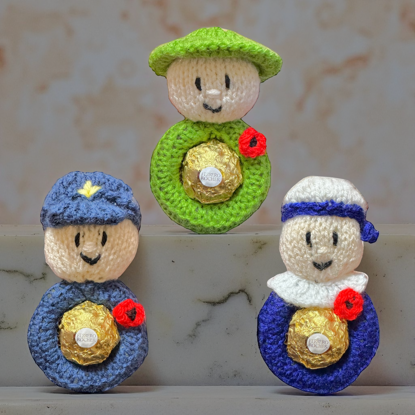 KNITTING PATTERN - Hanging Remembrance Army, Navy, RAF choc cover fits Fererro / Lindt decoration