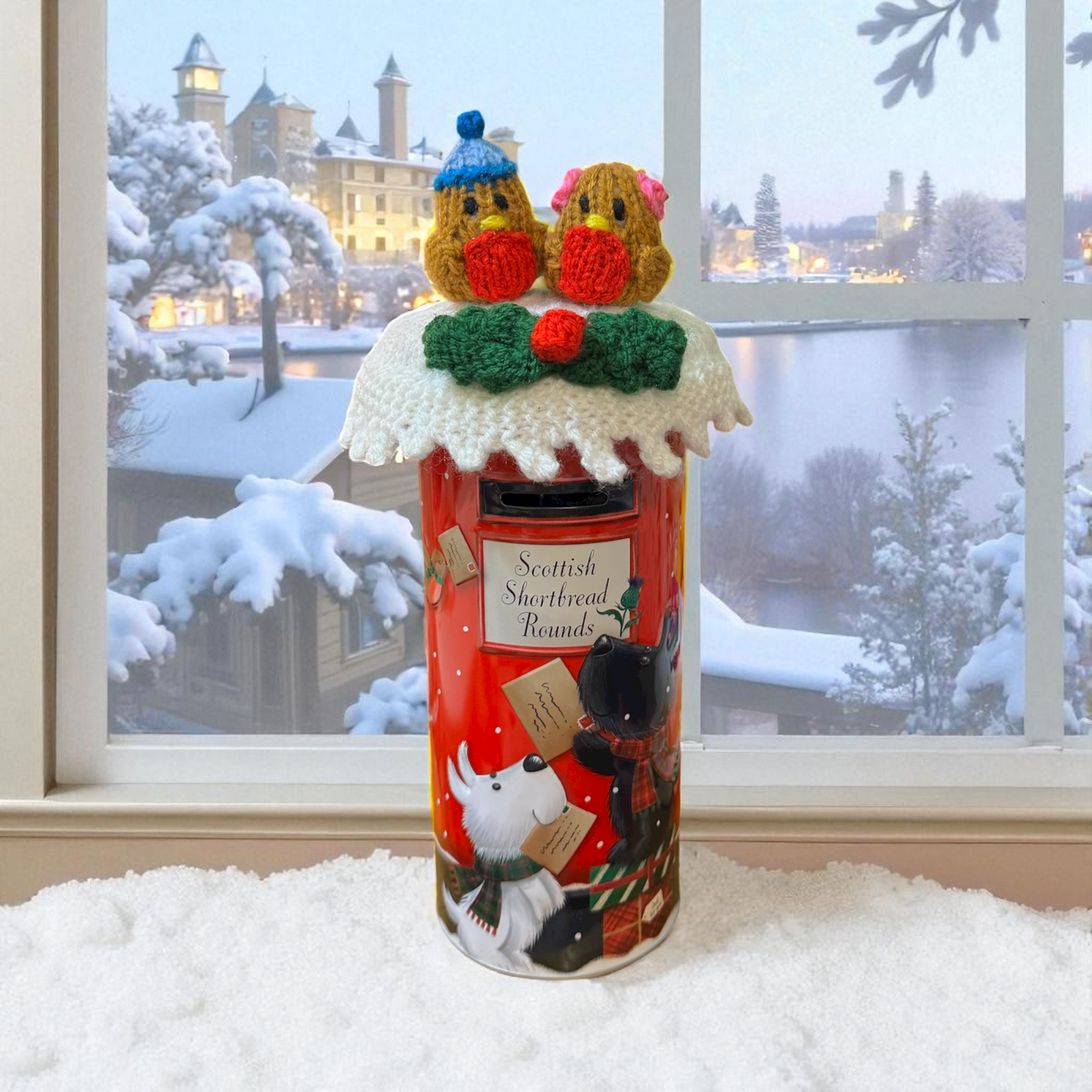 KNITTING PATTERN - Christmas Snowy Pillar Box Topper with Robins - covers 11 cm diameter biscuit tin