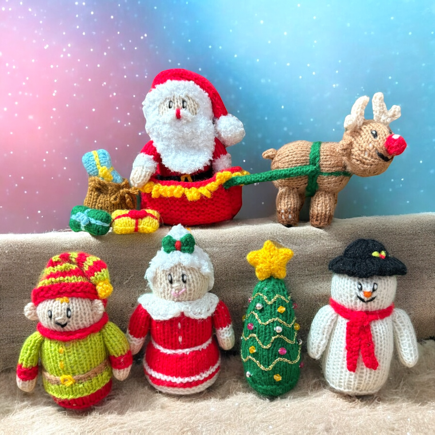 KNITTING PATTERN - Christmas Santa Play Set 10 cms doll figures - Elf, Snowman, Reindeer