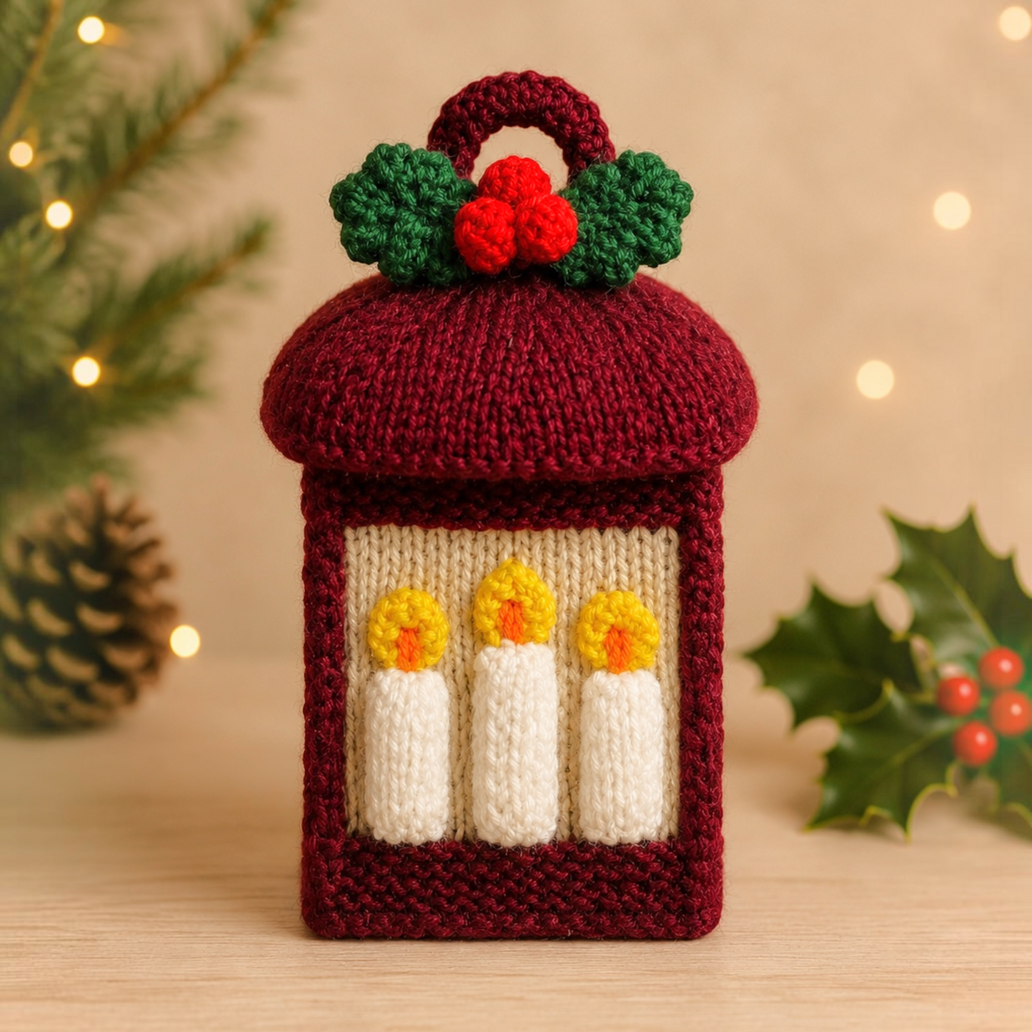 KNITTING PATTERN - Christmas Lantern with Holly Choc Orange Box Cover 15 cms