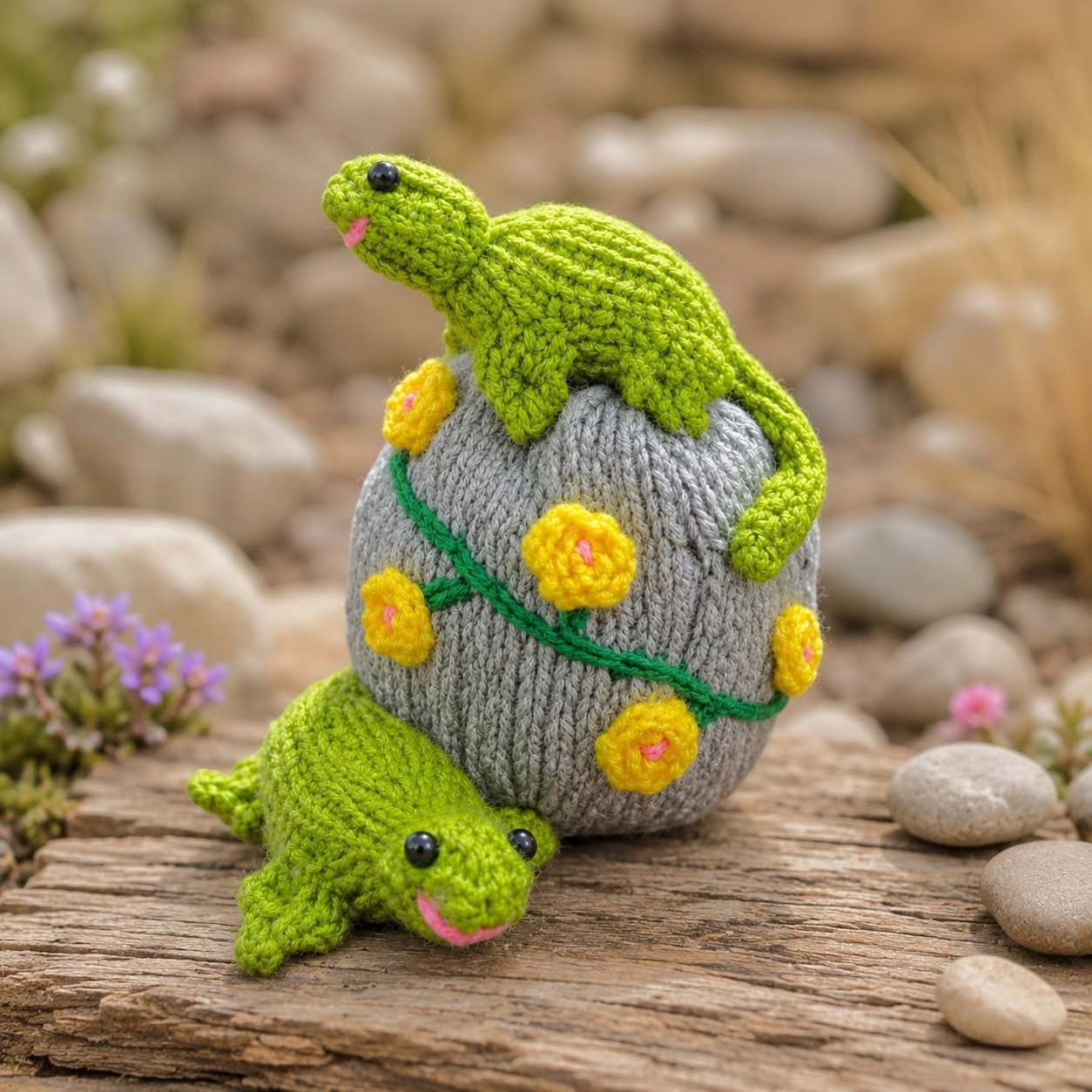 KNITTING PATTERN - Gecko on a Rock chocolate orange cover / 15 cms Lizard toy
