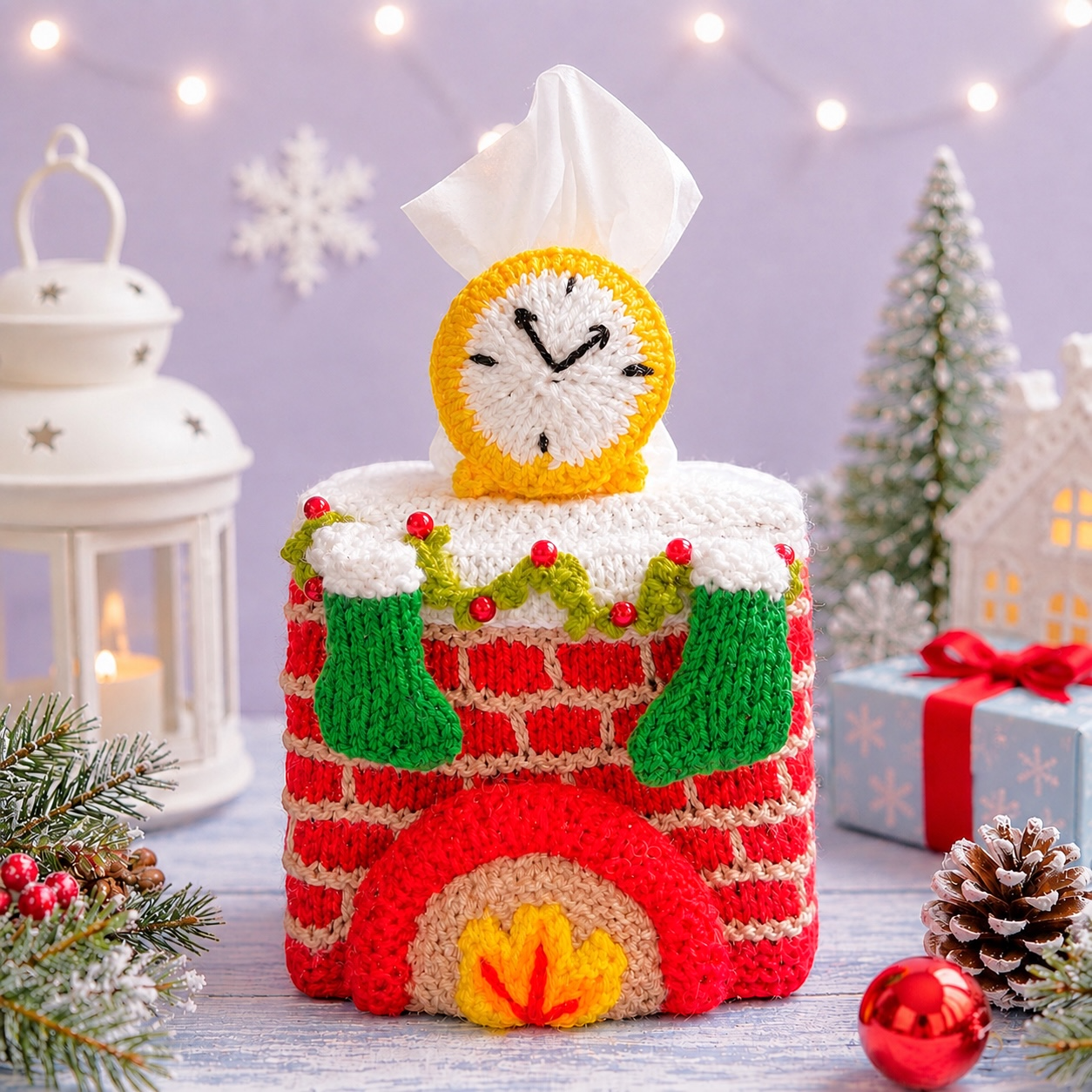 KNITTING PATTERN - Christmas Festive Fireplace Tissue Box Cover 12 x 12 x 11 cms