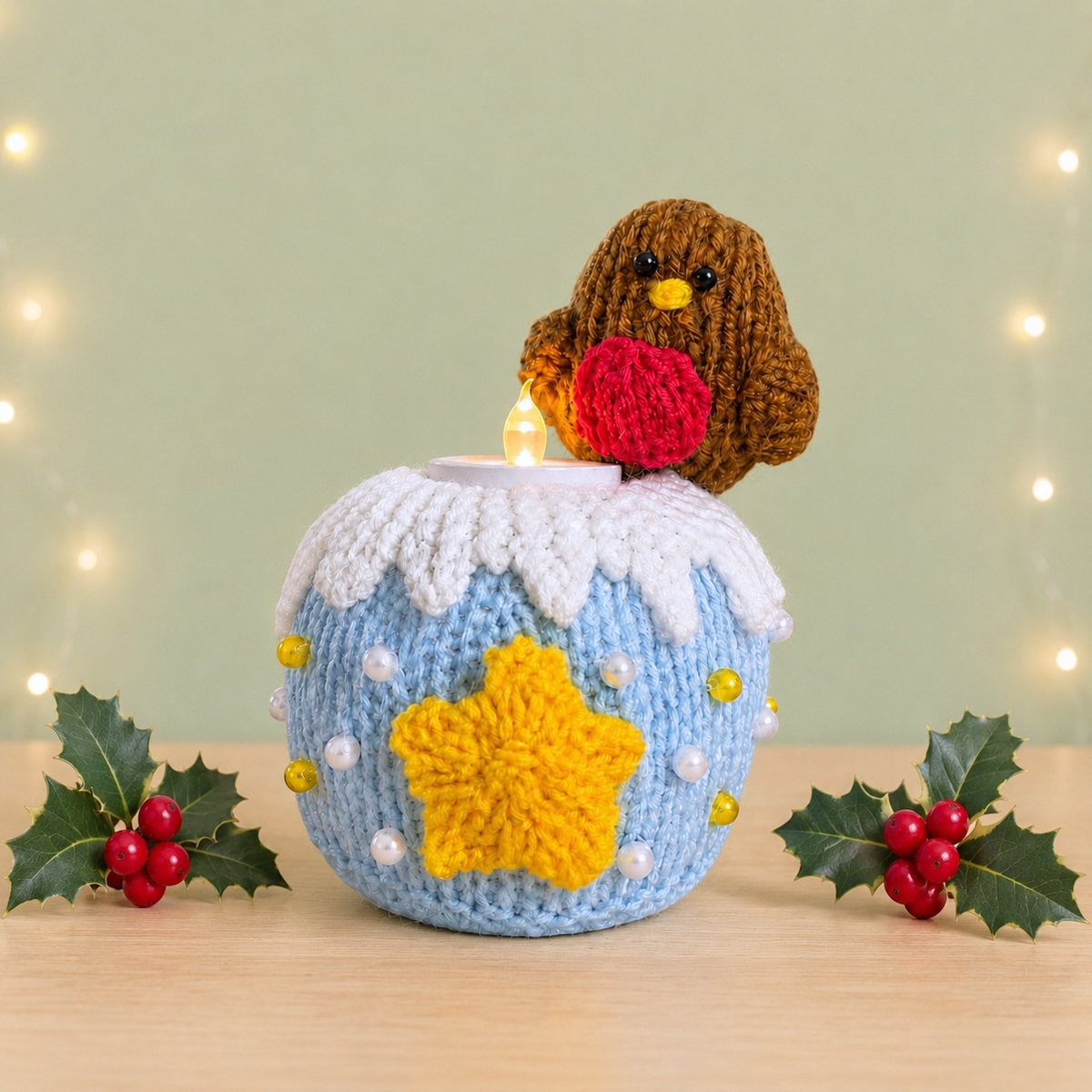 KNITTING PATTERN - Christmas Robin with Star Tea Light Dome Holder 12 cms tall