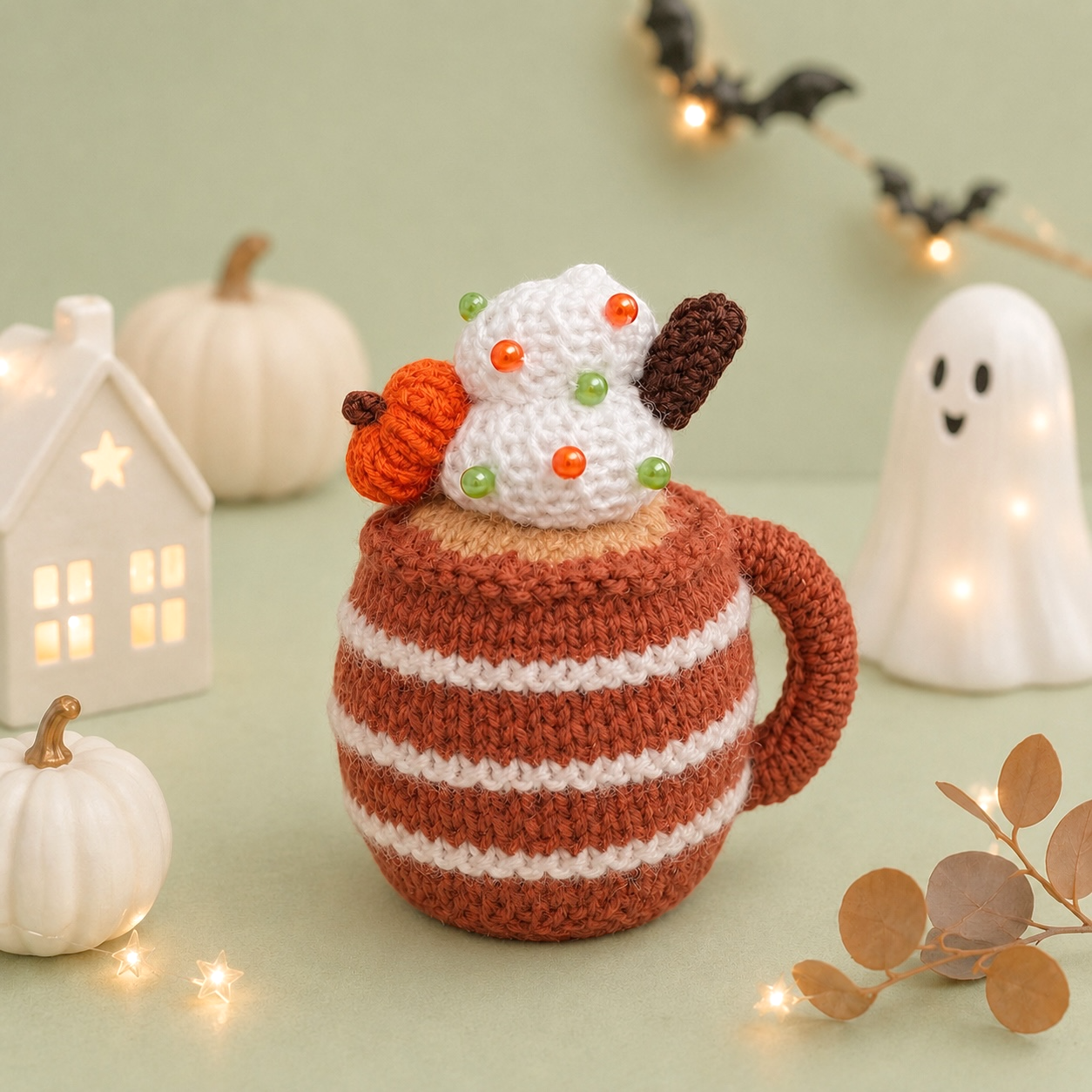 KNITTING PATTERN - Autumn Pumpkin Latte Coffee Cup chocolate orange cover / 9 cms Halloween toy