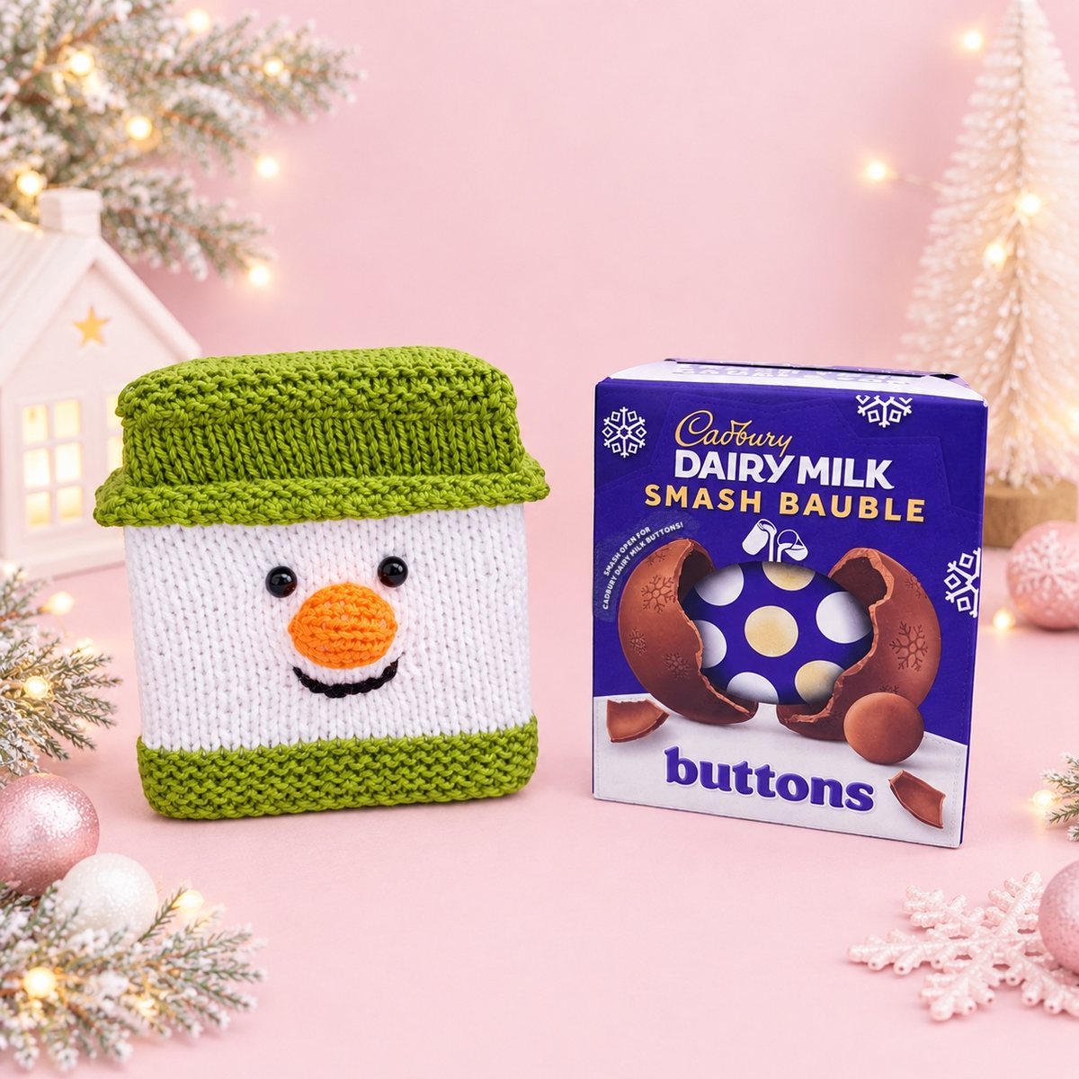 KNITTING PATTERN - Christmas The Snowman inspired Cadbury Smash Bauble Cover Holder 18cms