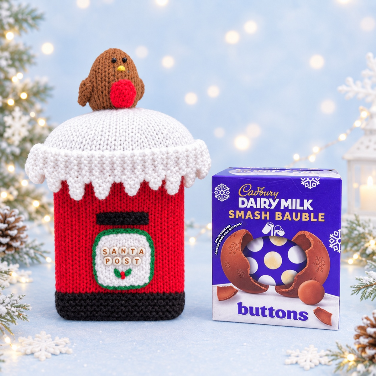 KNITTING PATTERN - Christmas Post Box Cadbury Smash Bauble Cover Holder Pillar 18cms