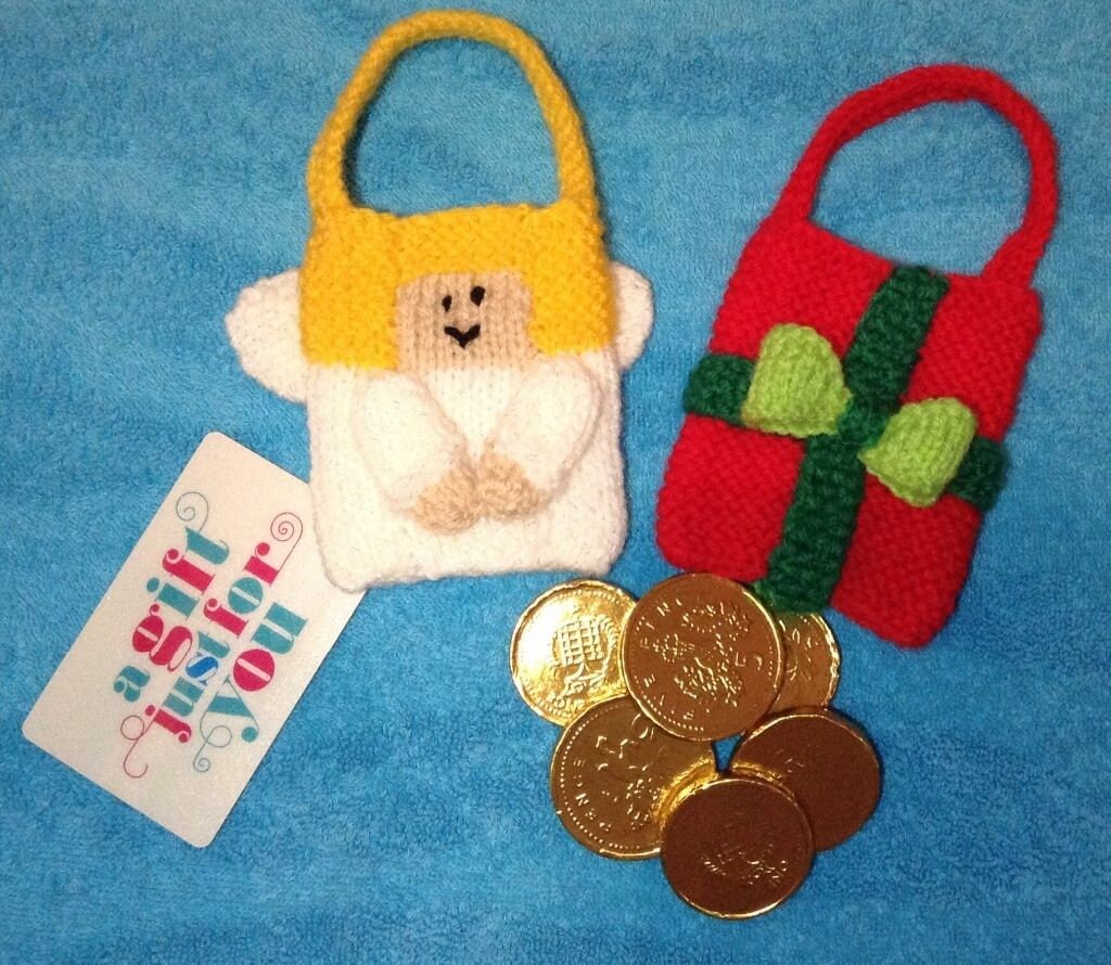 KNITTING PATTERN - Angel and Present gift bags Christmas tree decorations