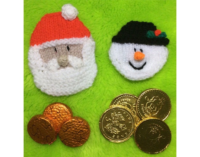 KNITTING PATTERN - Christmas Santa and Snowman Coin / Chocolate gift bags 8x8cm