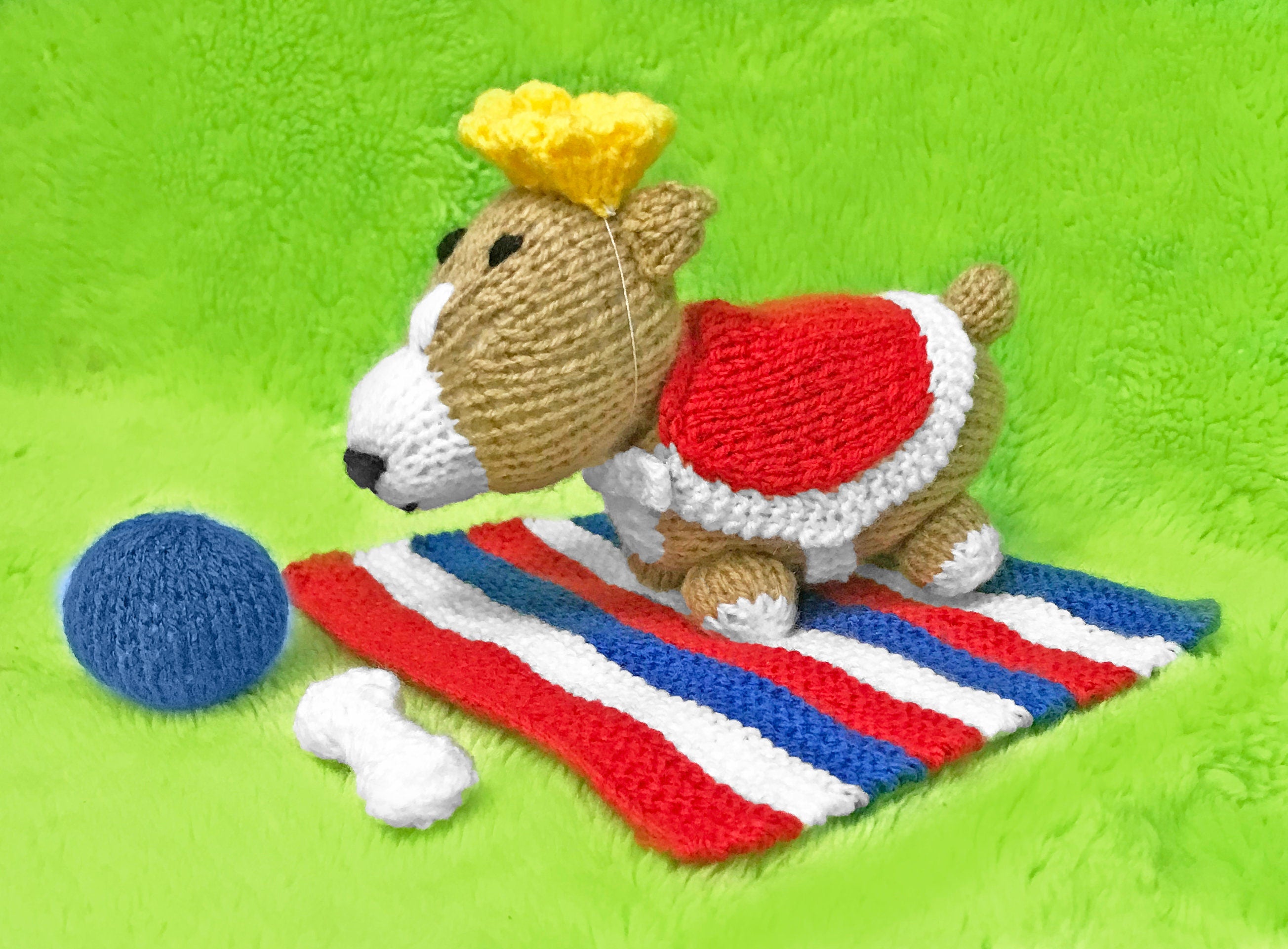KNITTING PATTERN Royal Queen Corgi Playset Soft Plush 12cms Toy, ball, bone