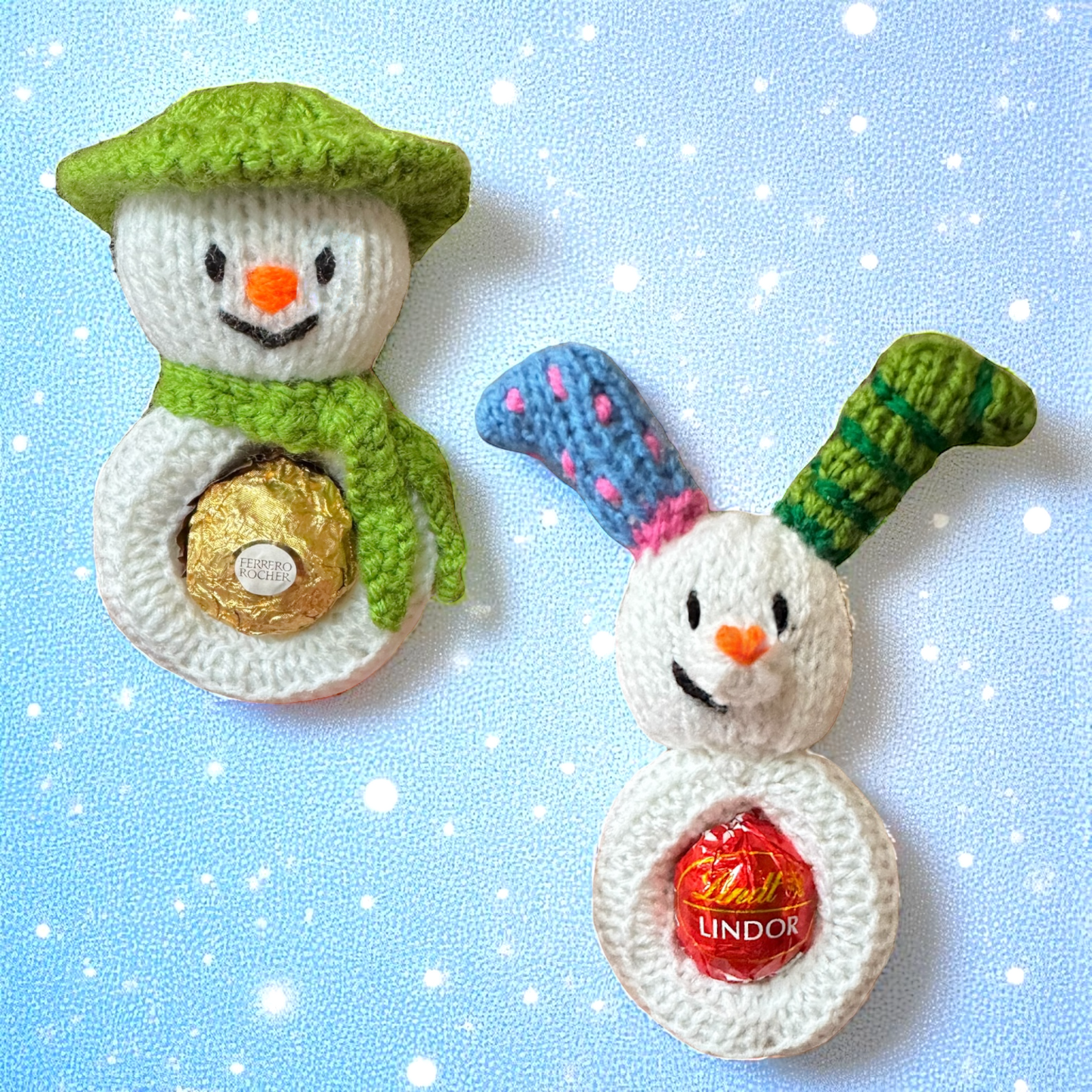 KNITTING PATTERN - Hanging Christmas Snowman and Snow dog choc cover fits Fererro / Lindt