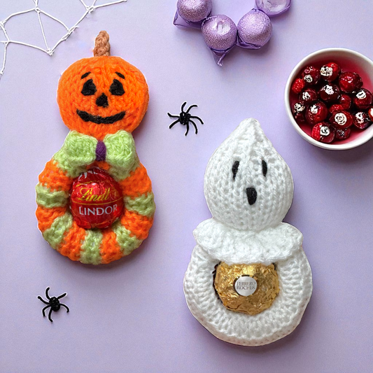 KNITTING PATTERN - Hanging Halloween Ghost and Pumpkin choc cover fits Fererro / Lindt