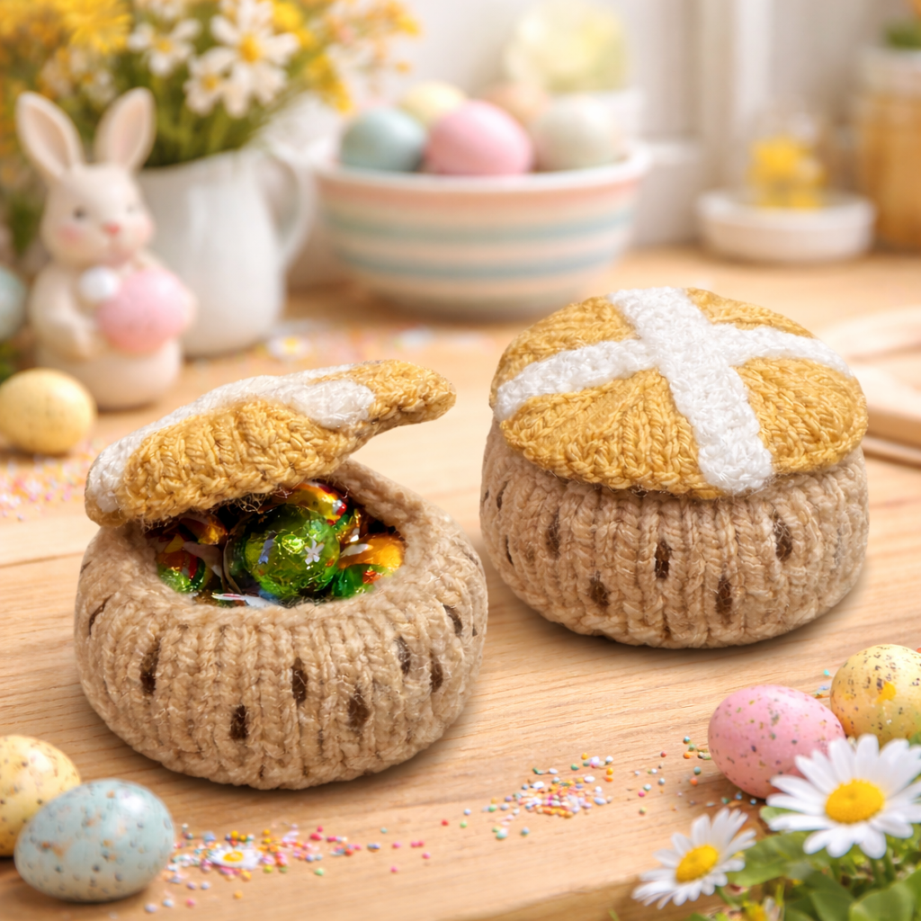 KNITTING PATTERN - Easter Hot Cross Bun Sweet Tub Cover 7 cms - holds egg choc