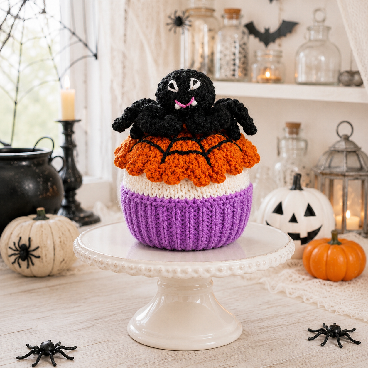 KNITTING PATTERN - Halloween Spider Cupcake chocolate orange cover / 9 cms toy
