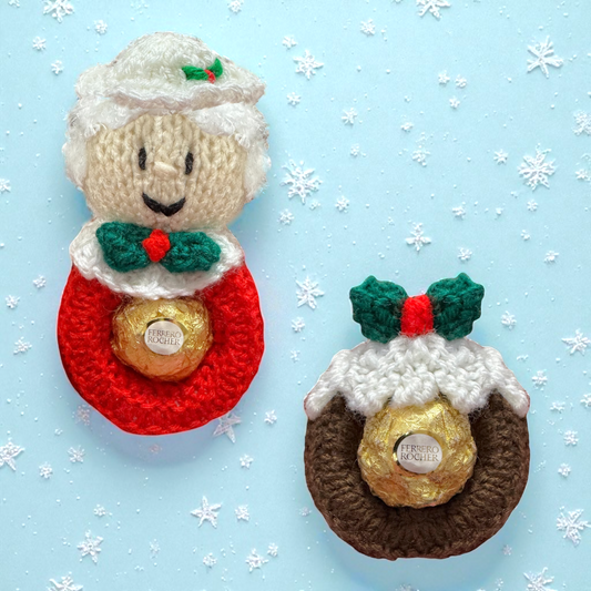 KNITTING PATTERN - Hanging Mother Christmas and Christmas Pudding choc cover fits Fererro / Lindt
