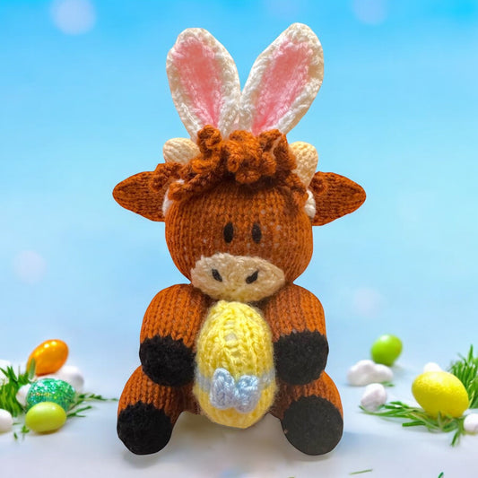 KNITTING PATTERN - Easter Highland Cow Choc Orange cover / 15 cms Farm Animal toy