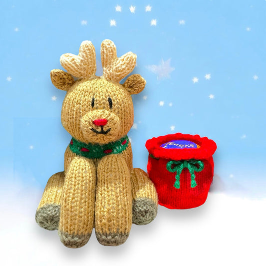 KNITTING PATTERN - Christmas Reindeer with Sack Sweet Pot - holds choc orange