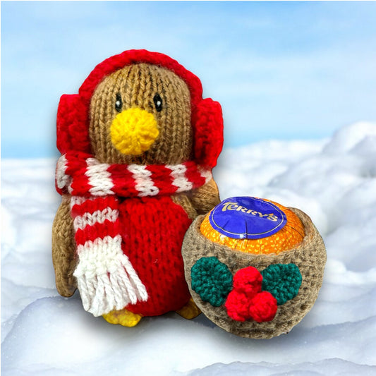 KNITTING PATTERN - Christmas Robin with Nest Sweet Pot - holds choc orange