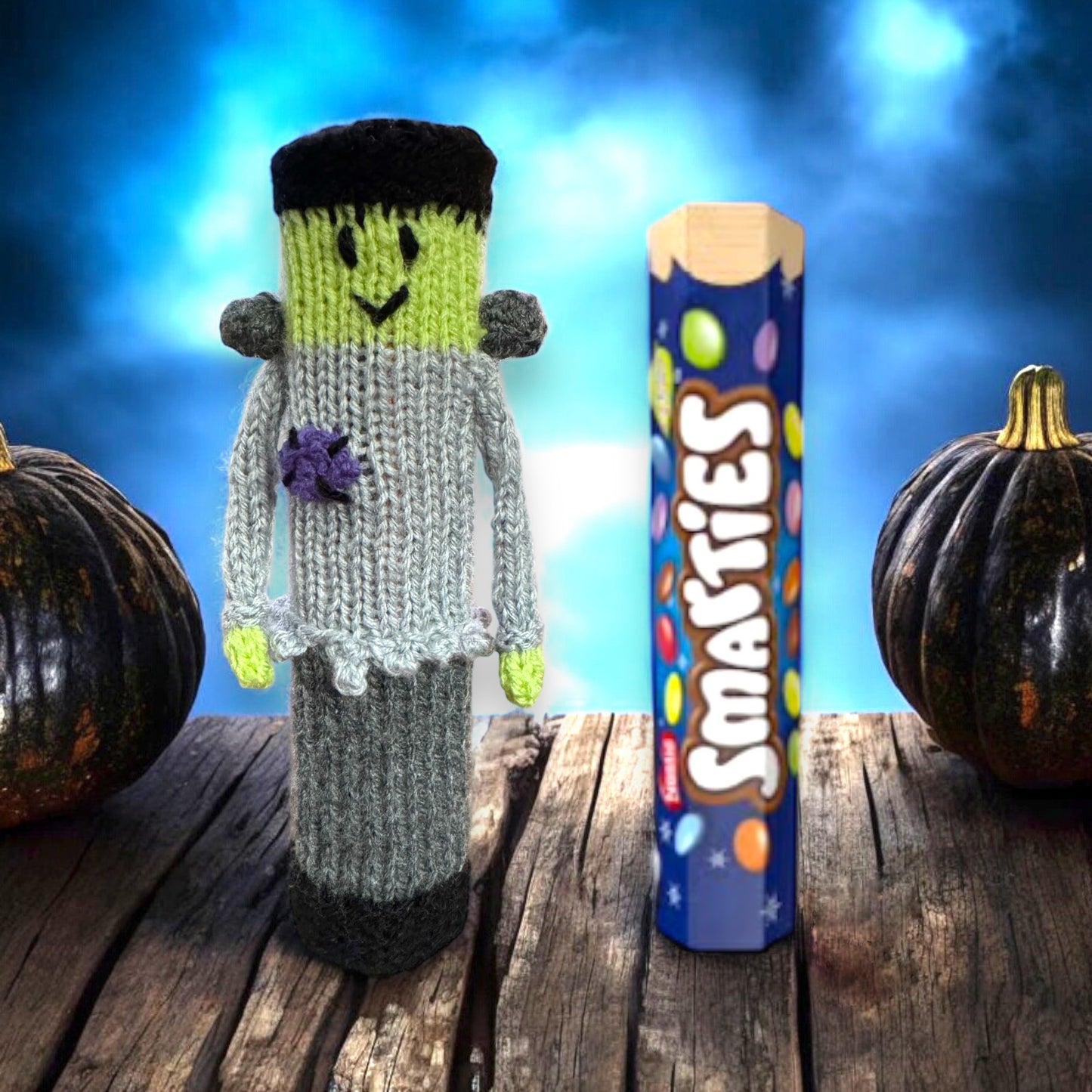 KNITTING PATTERN - Halloween Frankenstein Smarties Sweet Holder 22 cms