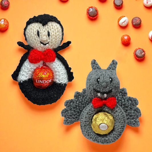 KNITTING PATTERN - Hanging Halloween Vampire and Bat choc cover fits Fererro / Lindt