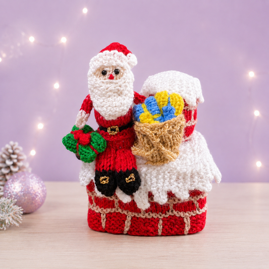 KNITTING PATTERN - Christmas Santa on Chimney Roof Choc Orange Box Cover 15 cms
