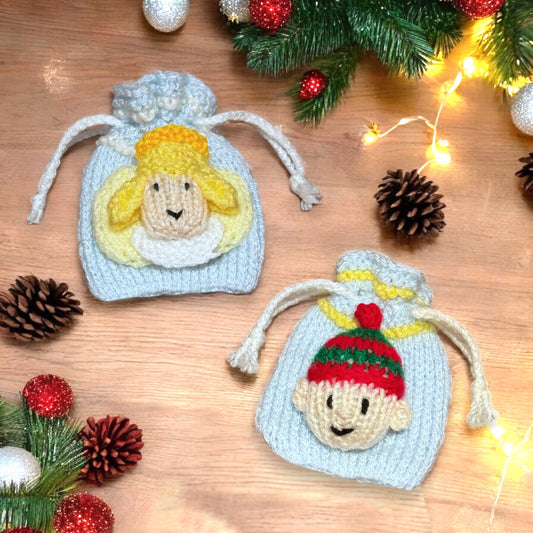 KNITTING PATTERN - Christmas Angel and Elf scene Drawstring Bag 10cms