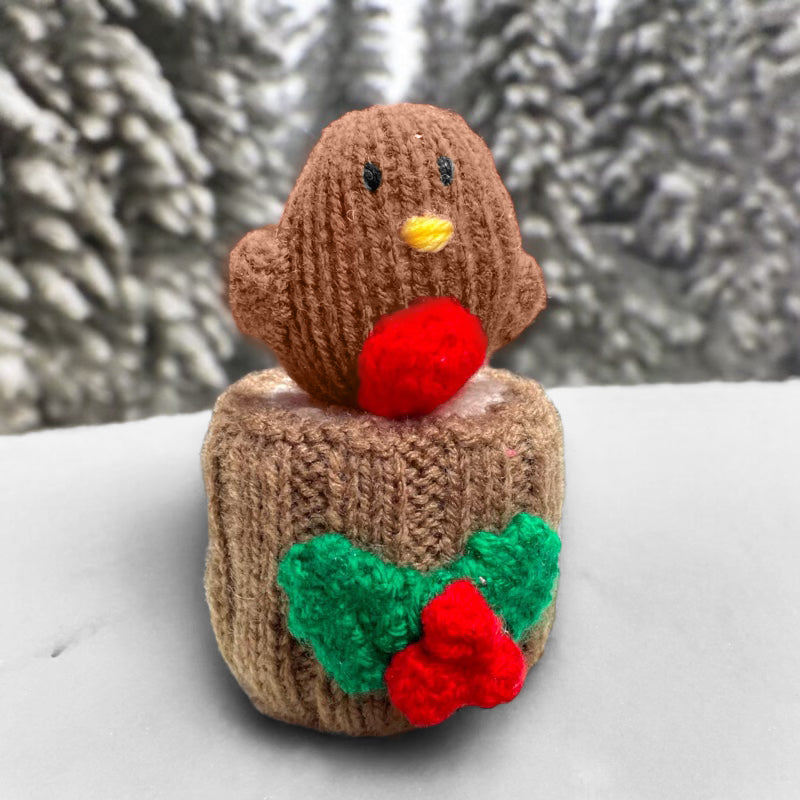 KNITTING PATTERN - Christmas Robin on Tree Stump chocolate orange cover / 13cms toy