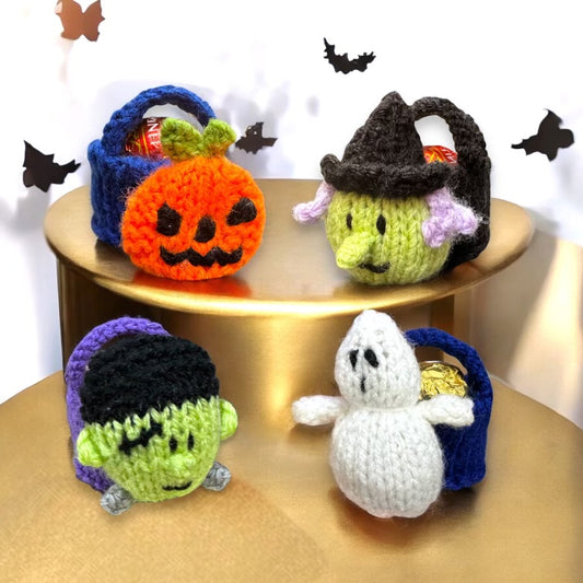 KNITTING PATTERN - Halloween Basket fits Ferrero Sweets - Witch, Frankenstein, Ghost and Pumpkin