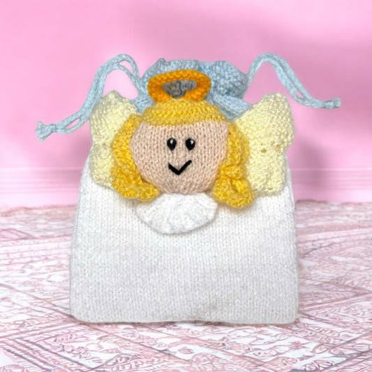 KNITTING PATTERN - Christmas Angel Drawstring Gift Bag 15cms x 20cms chocolate