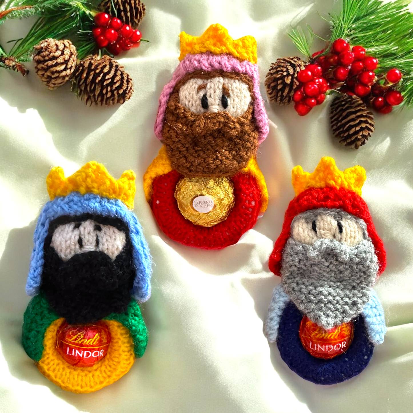 KNITTING PATTERN - Hanging Christmas Nativity Kings choc cover fits Fererro / Lindt