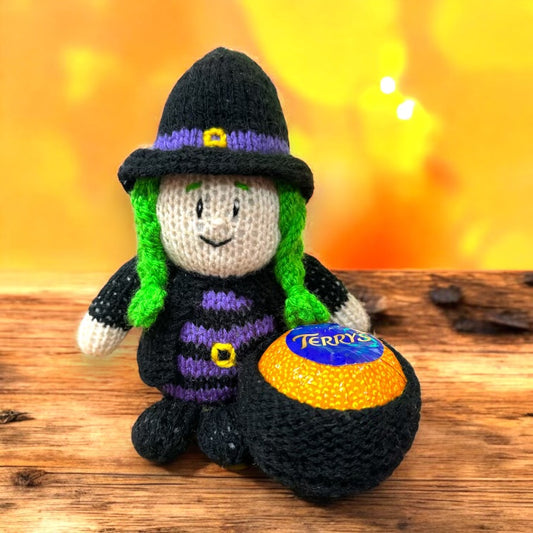 KNITTING PATTERN - Halloween Witch with Cauldron Sweet Pot - holds choc orange