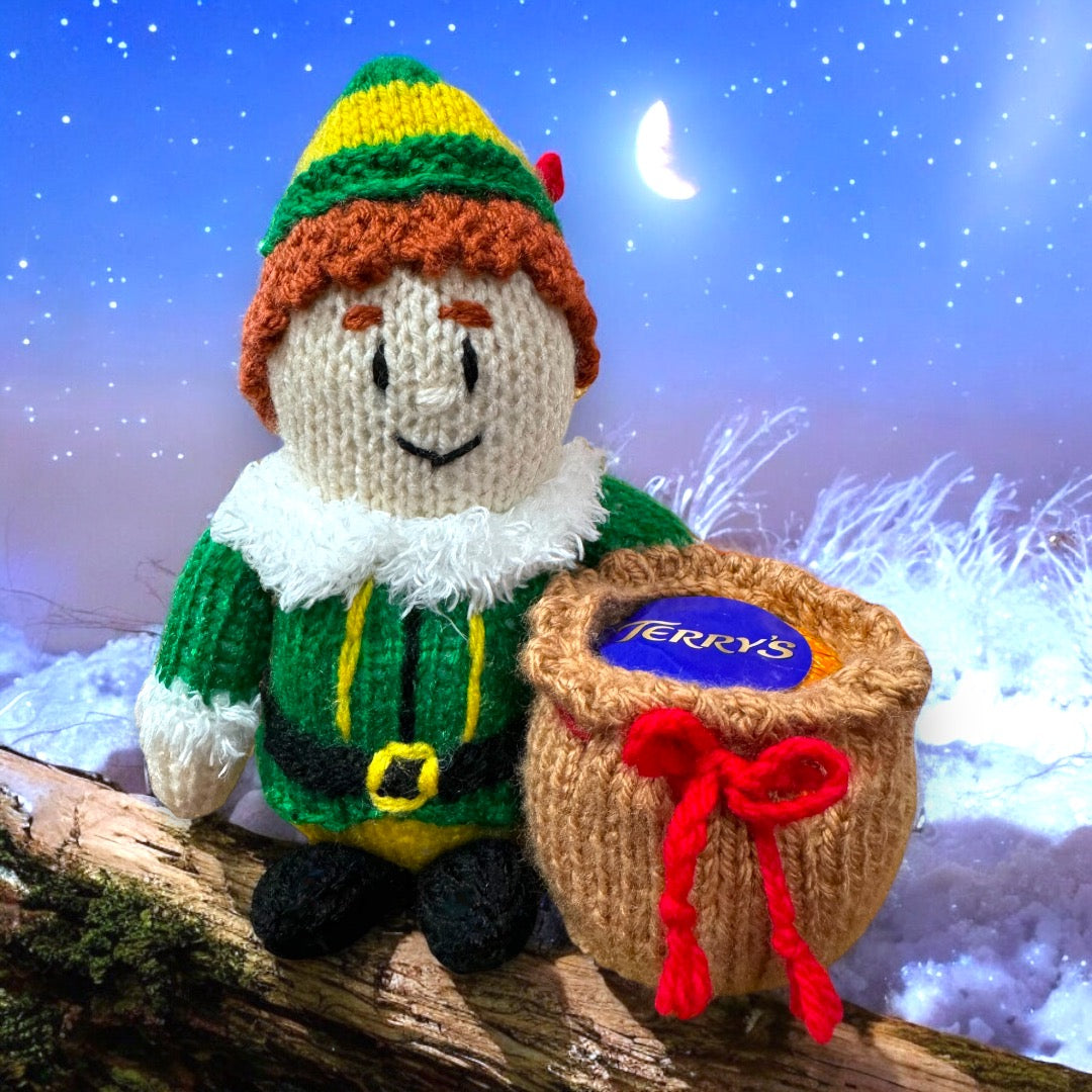 KNITTING PATTERN - Christmas Buddy Elf with Sack Sweet Pot - holds choc orange