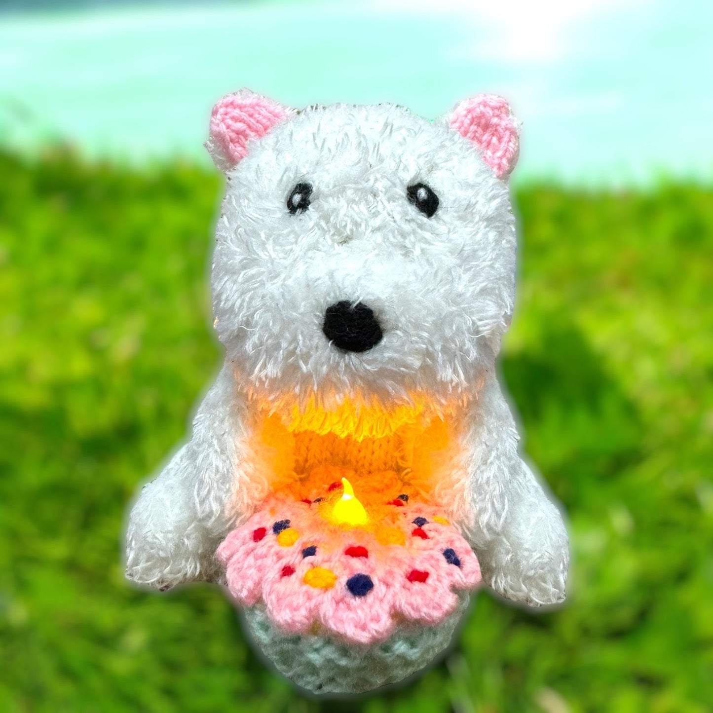 KNITTING PATTERN - Daisy the Party Westie Dog Choc Orange cover / 15 cms Animal toy