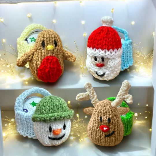 KNITTING PATTERN - Christmas Basket fits Ferrero Sweets - Santa, Snowman, Reindeer and Robin