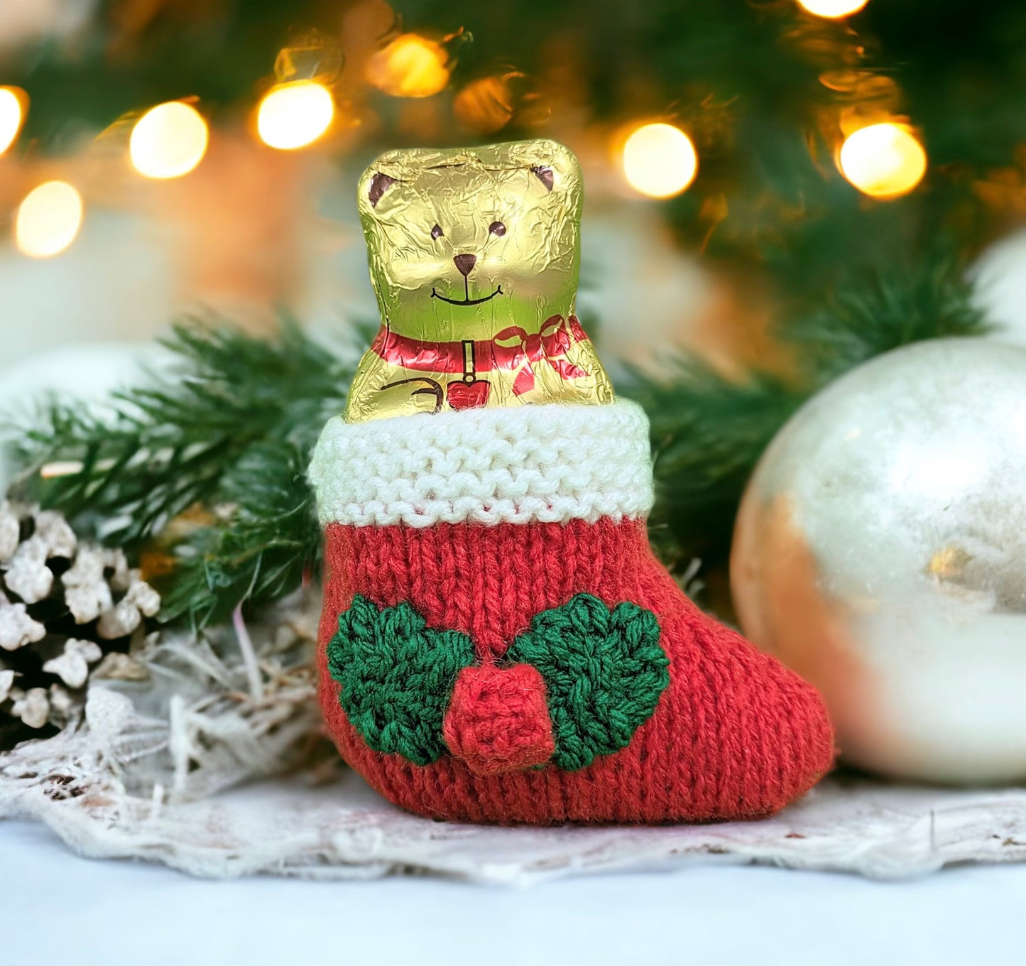 KNITTING PATTERN - Christmas Stocking Holder Table Decoration 7 cms tall to fit 40g Lindt Bear