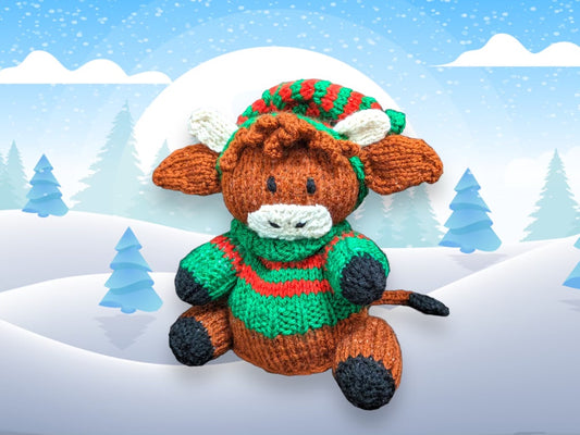 KNITTING PATTERN - Christmas Highland Cow Choc Orange cover / 15 cms Animal toy