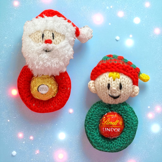 KNITTING PATTERN - Hanging Father Christmas Santa and Elf choc cover fits Fererro / Lindt