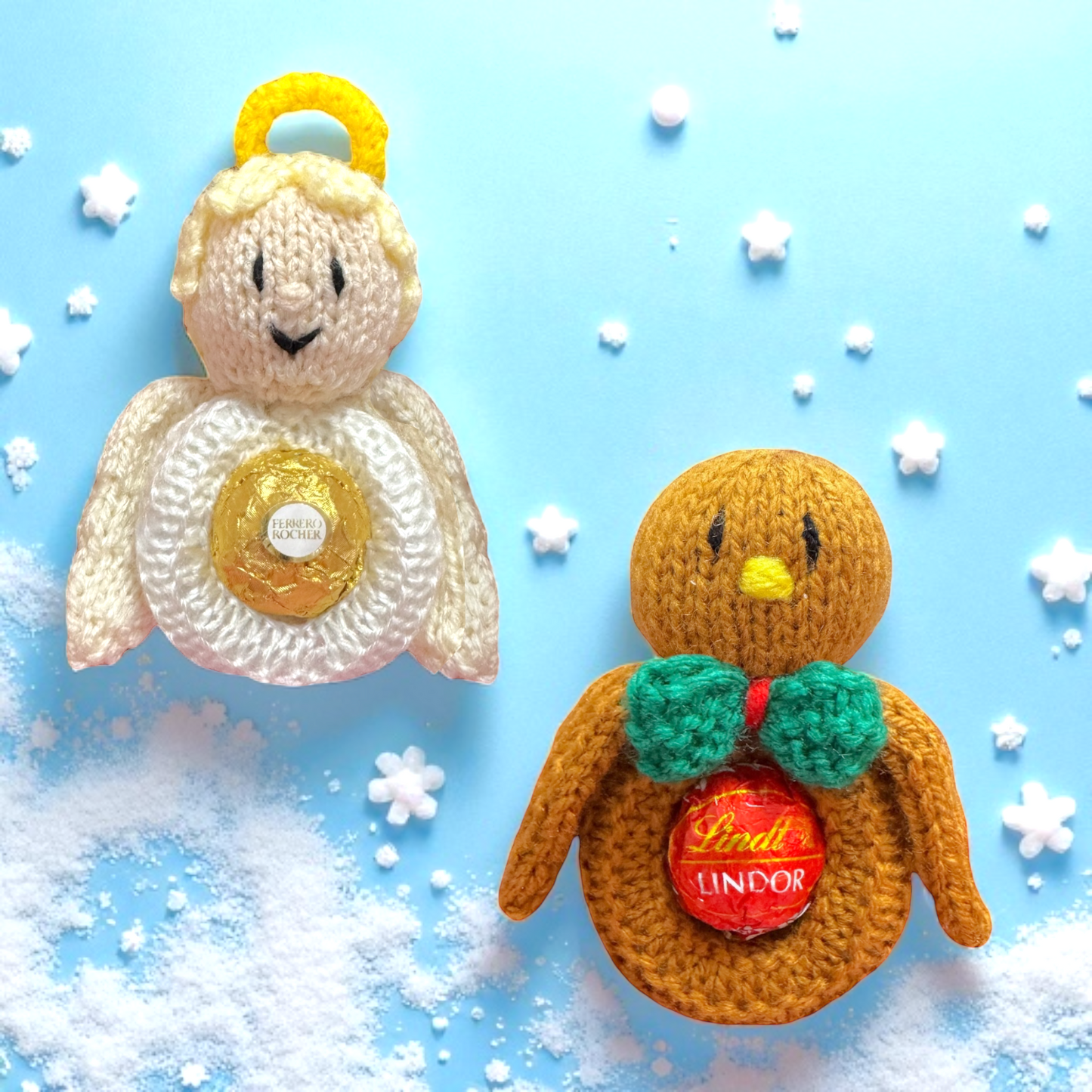 KNITTING PATTERN - Hanging Christmas Angel and Robin choc cover fits Fererro / Lindt