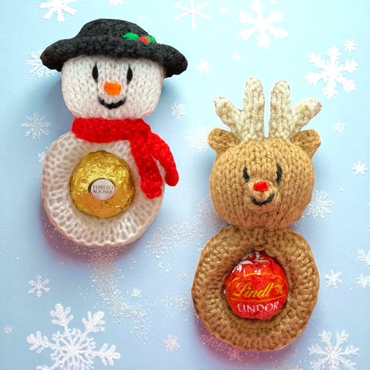 KNITTING PATTERN - Hanging Christmas Snowman and Reindeer choc cover fits Fererro / Lindt